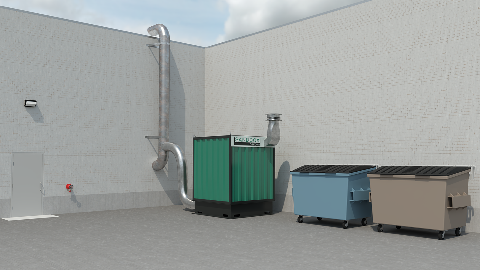Sandbox Enviro pollution-control unit deployed beside existing dumpsters.